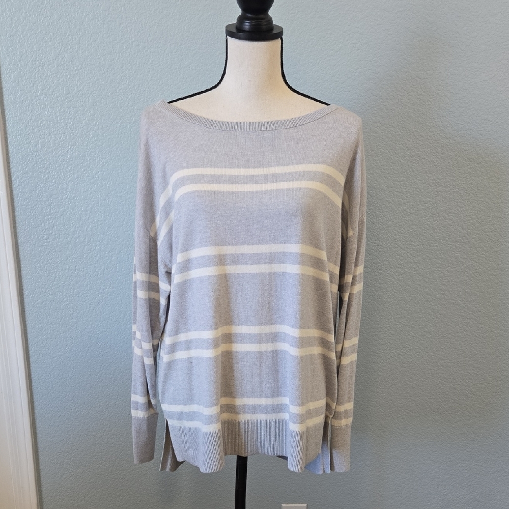 BANANA REPUBLIC Forever Sweater Gray White Striped Llama Hair Sz LARGE